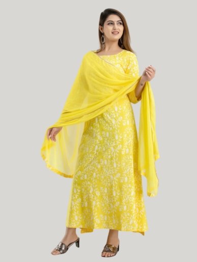 yellow viscose rayon printed a line kurta for women