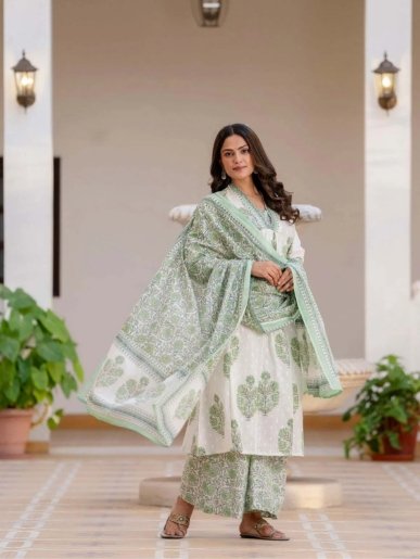 white & green pure cotton floral print kurta palazzo set for women