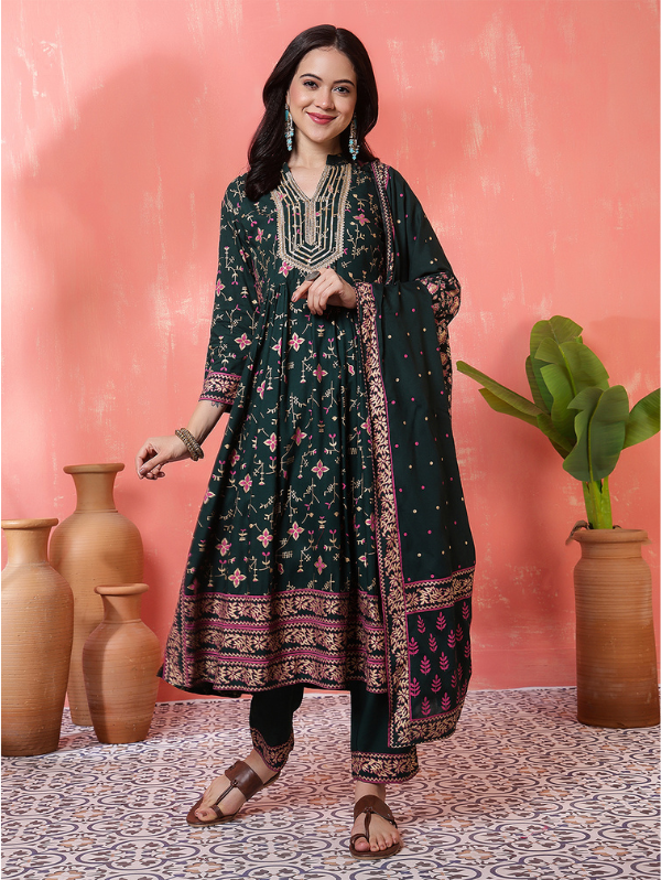 multicolor pure cotton kurta pant with dupatta set for women