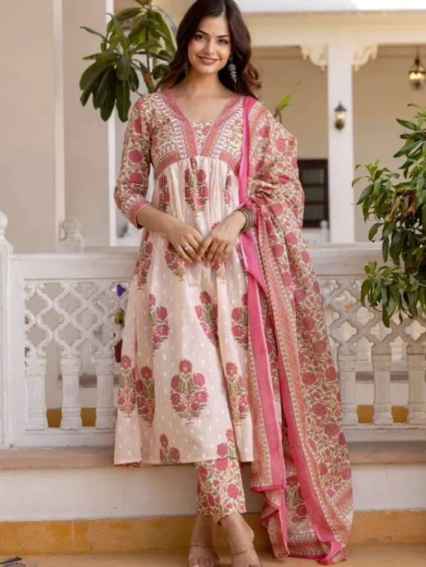 multicolor pure cotton kurta pant with dupatta set for women