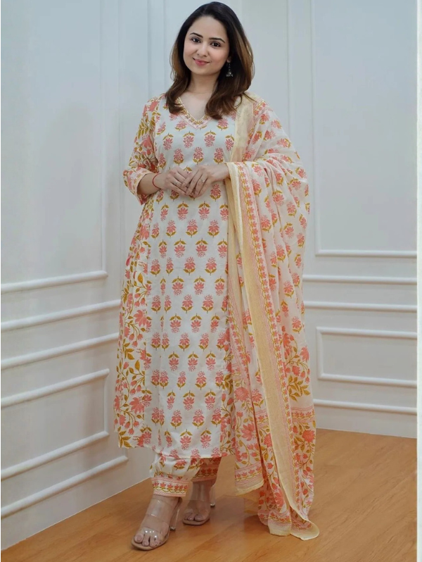 multicolor pure cotton kurta pant with dupatta set for women