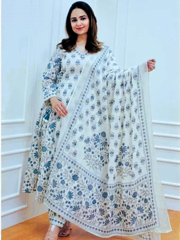 multicolor pure cotton kurta pant with dupatta set for women