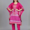 vibrant fuchsia pink printed kaftan and trouser set with gold detailing