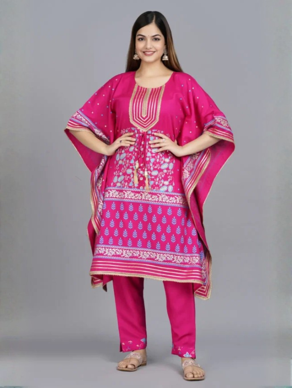 vibrant fuchsia pink printed kaftan and trouser set with gold detailing