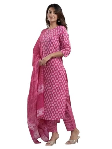 pink & white cotton blend printed kurta pant set for women