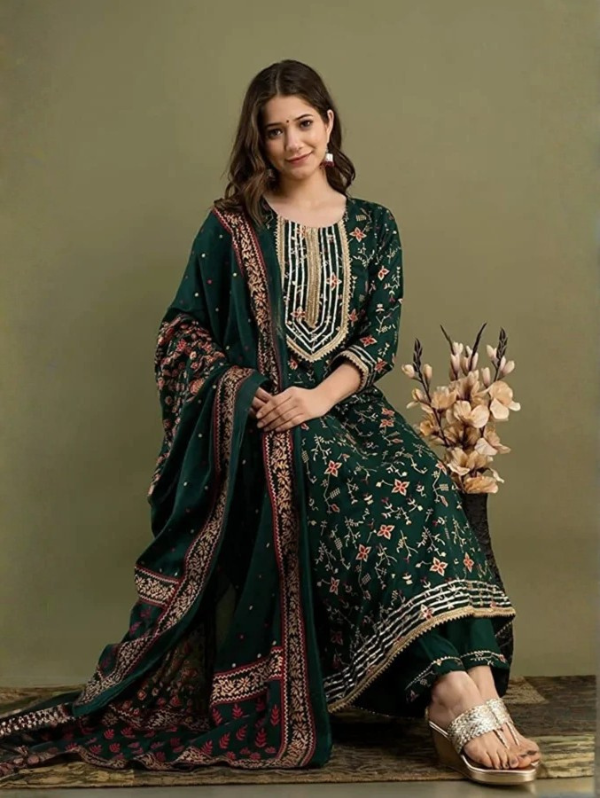 green viscose rayon embroidered kurta palazzo set for women