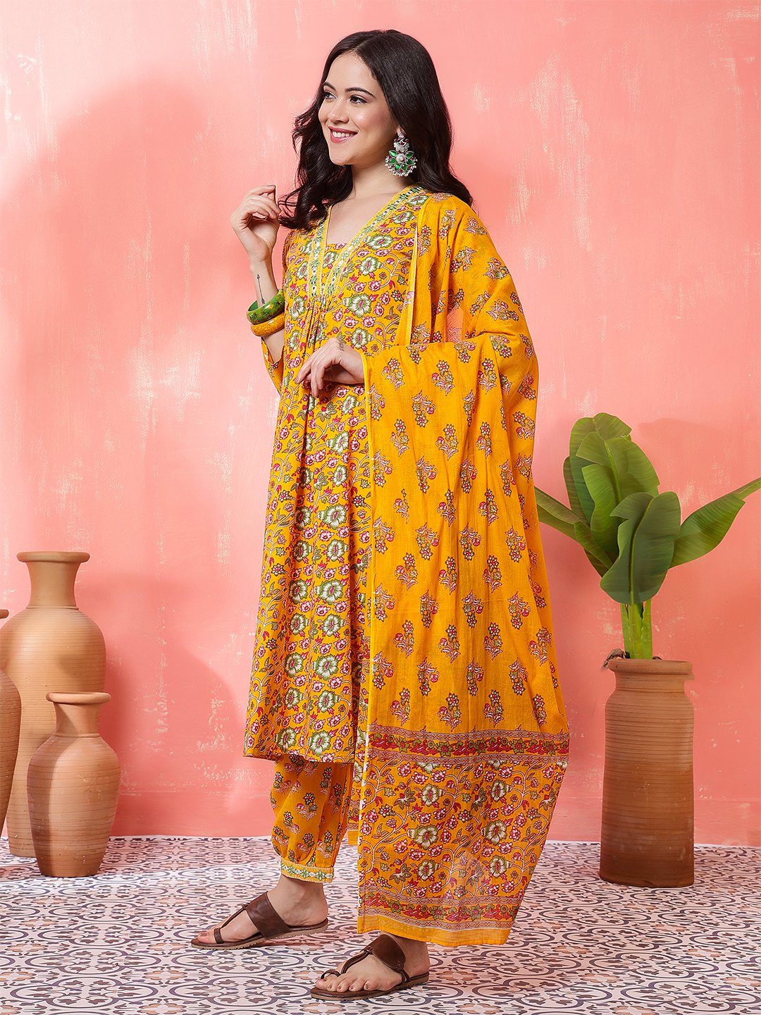 yellow embrodary kurta plazzo with dupatta sets