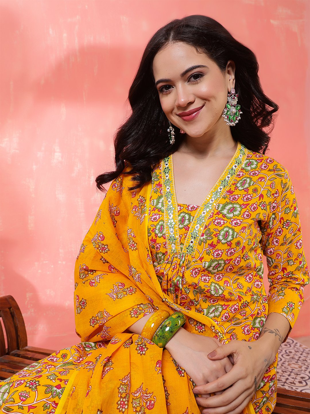 yellow embrodary kurta plazzo with dupatta sets