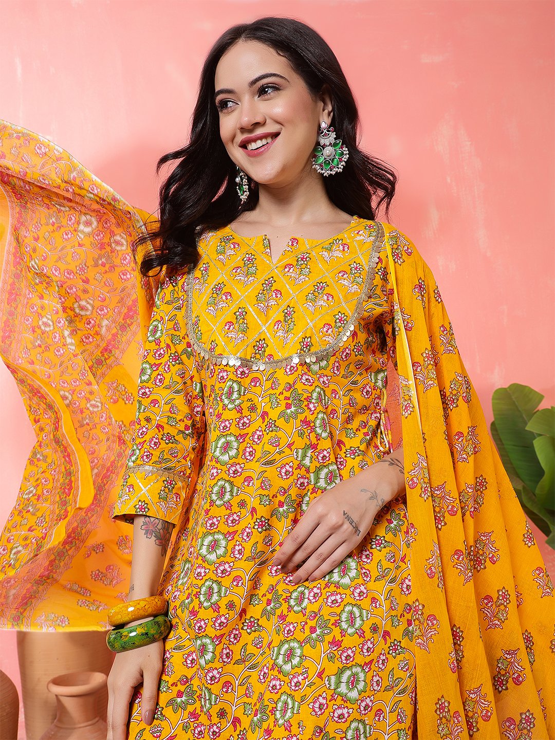 yellow embrodary kurta plazzo with dupatta sets