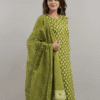 fresh olive green and white block printed cotton kurta set with leheriya dupatta