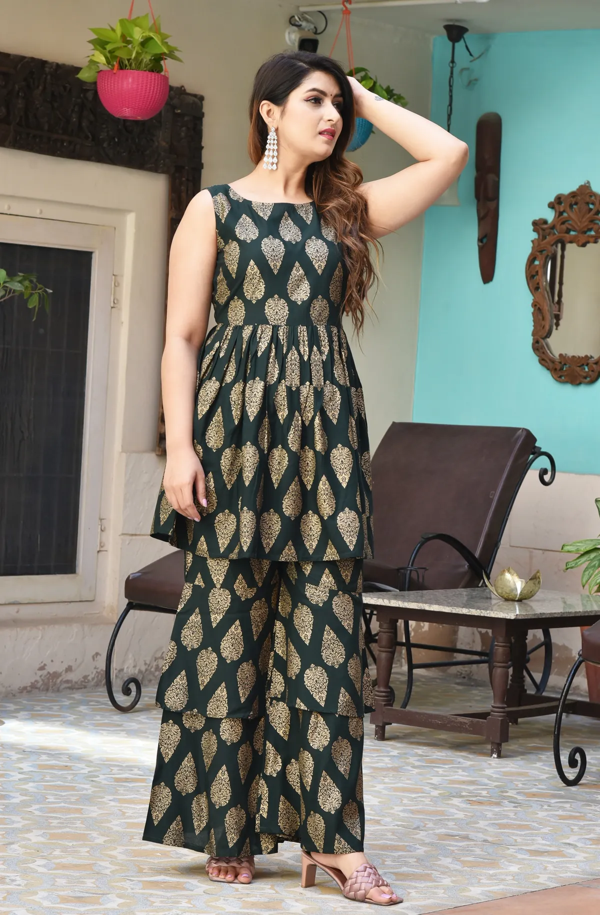 dark green viscose rayon printed kurti sharara set for women