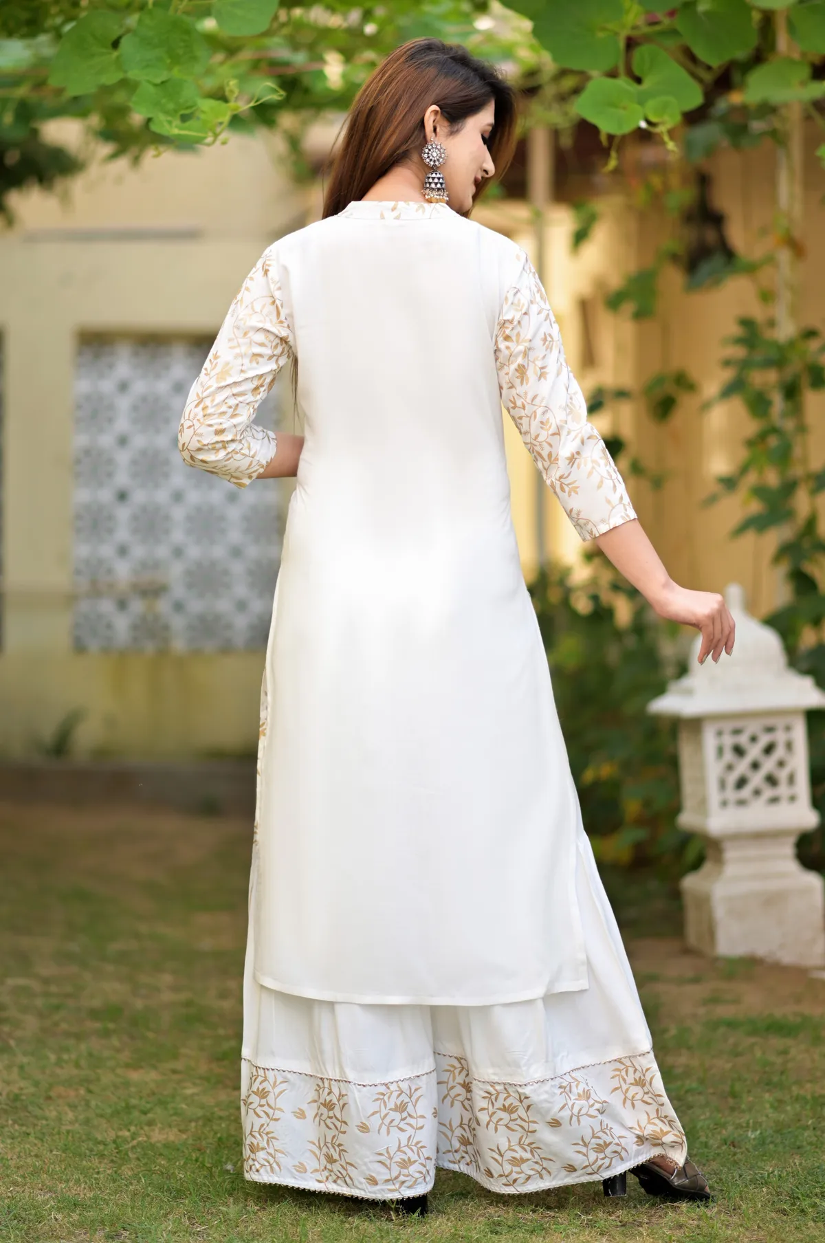 white viscose rayon printed kurta sharara set for women