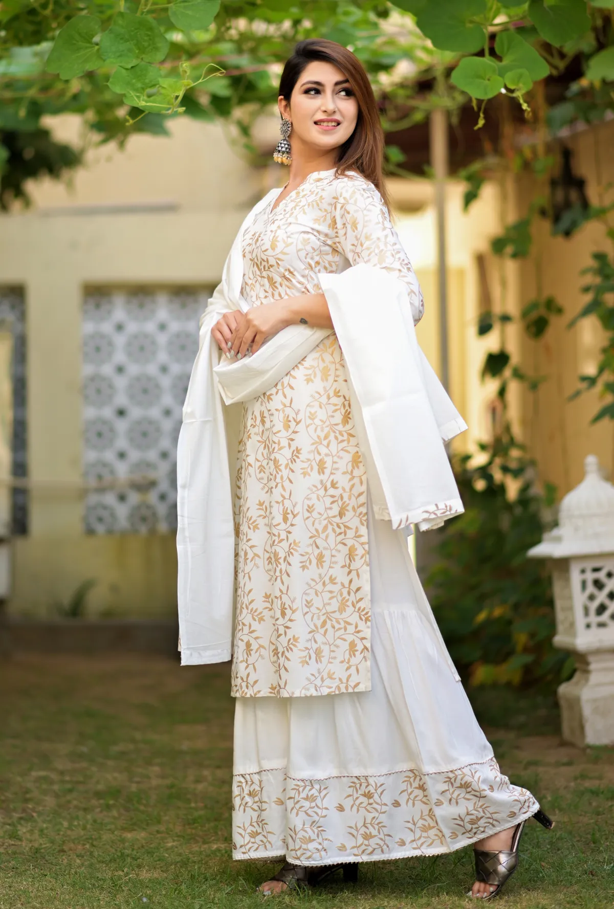 white viscose rayon printed kurta sharara set for women
