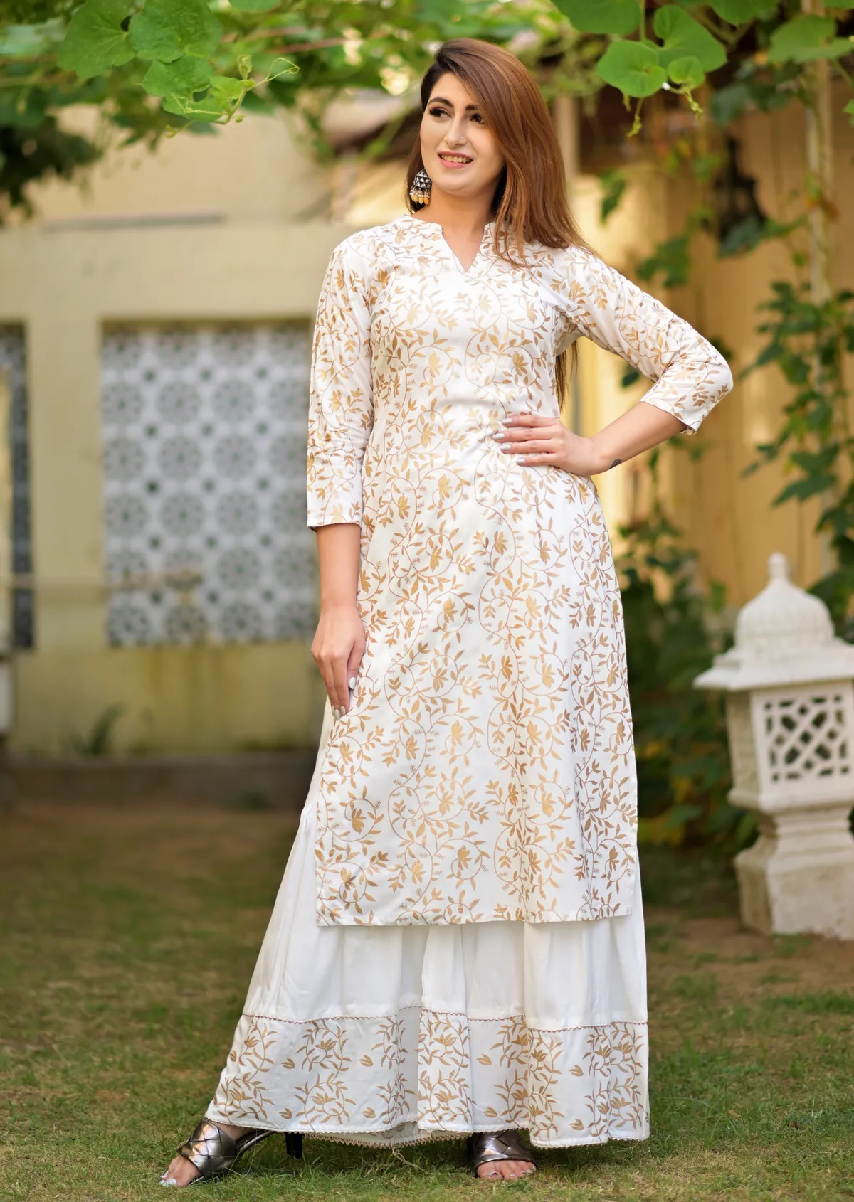 white viscose rayon printed kurta sharara set for women