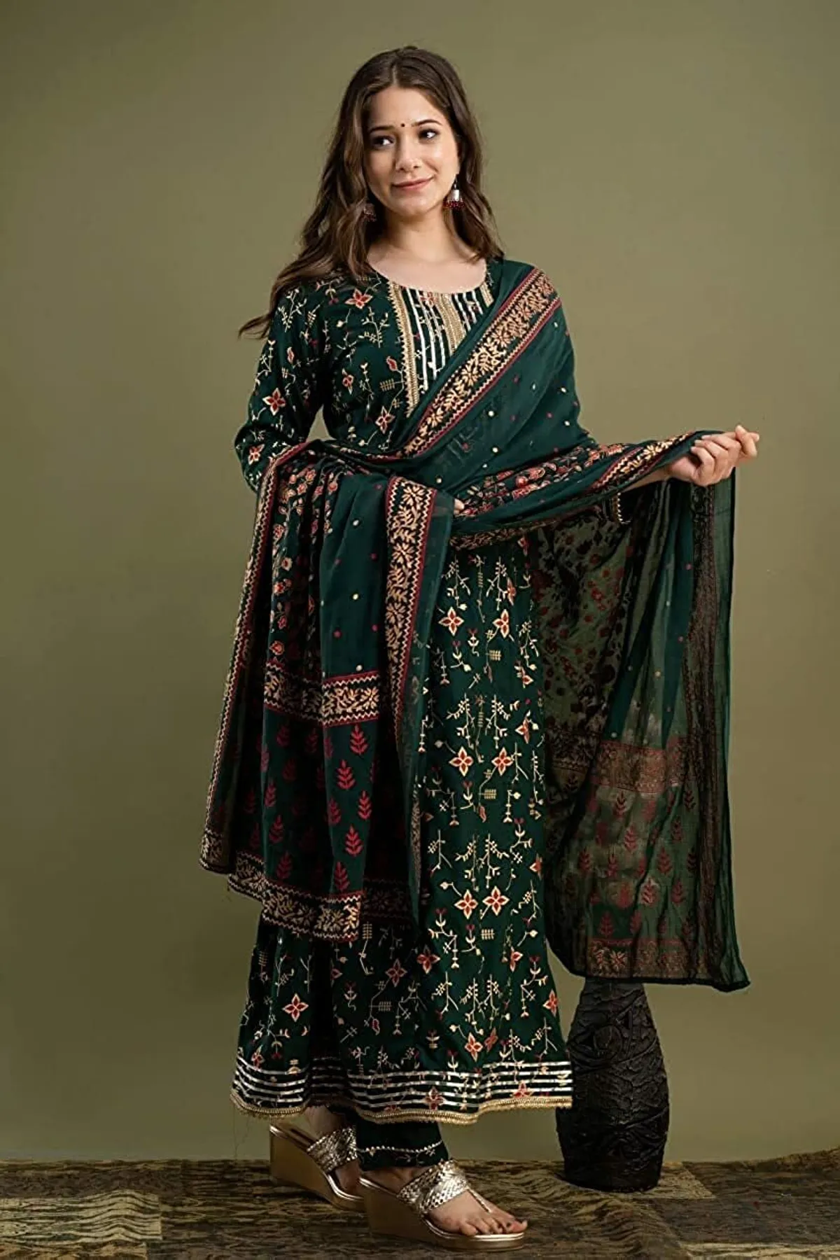 green viscose rayon embroidered kurta palazzo set for women