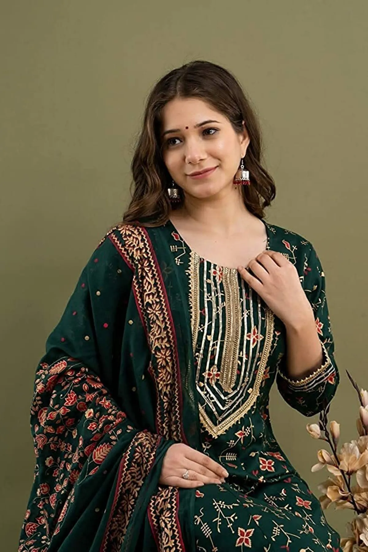 green viscose rayon embroidered kurta palazzo set for women