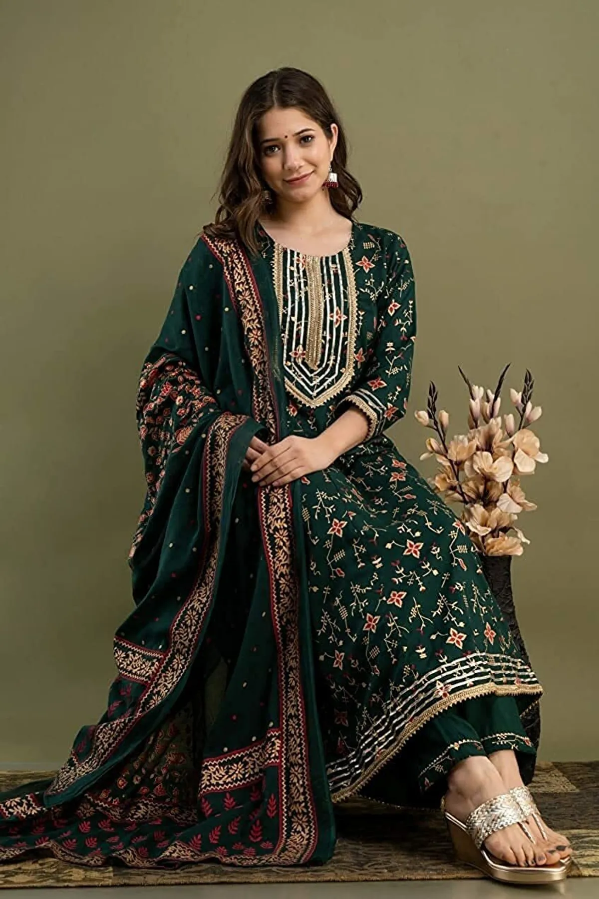 green viscose rayon embroidered kurta palazzo set for women