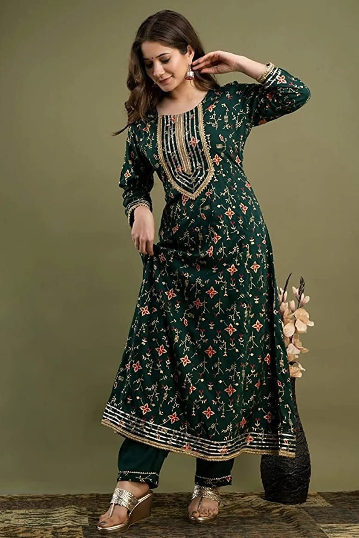green viscose rayon embroidered kurta palazzo set for women
