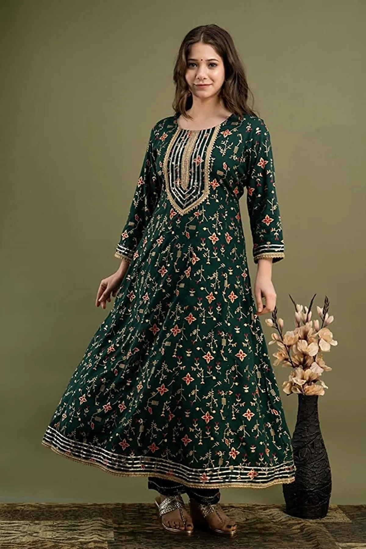 green viscose rayon embroidered kurta palazzo set for women