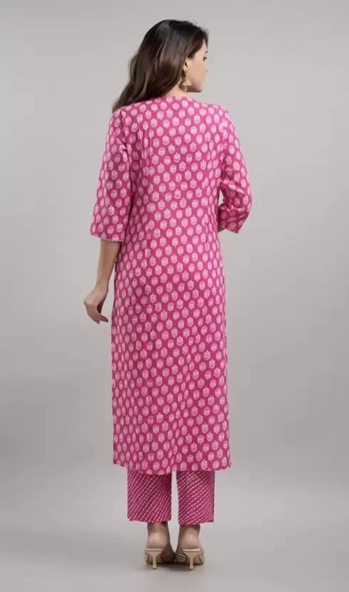 pink & white cotton blend printed kurta pant set for women