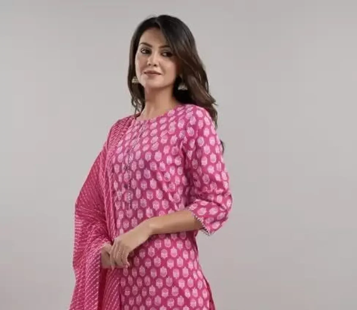 pink & white cotton blend printed kurta pant set for women