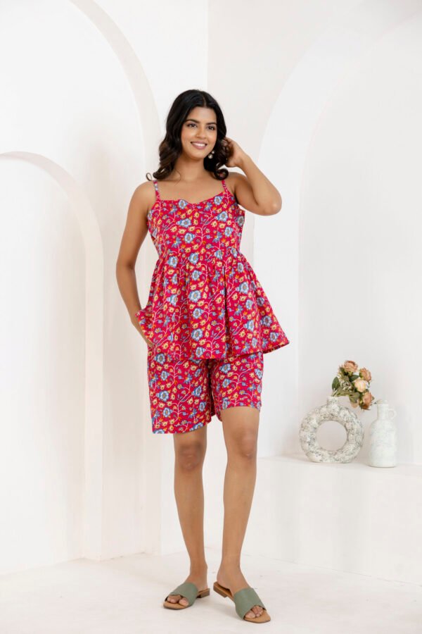 vibrant-red-floral-print-cami-top-and-shorts-loungewear-set