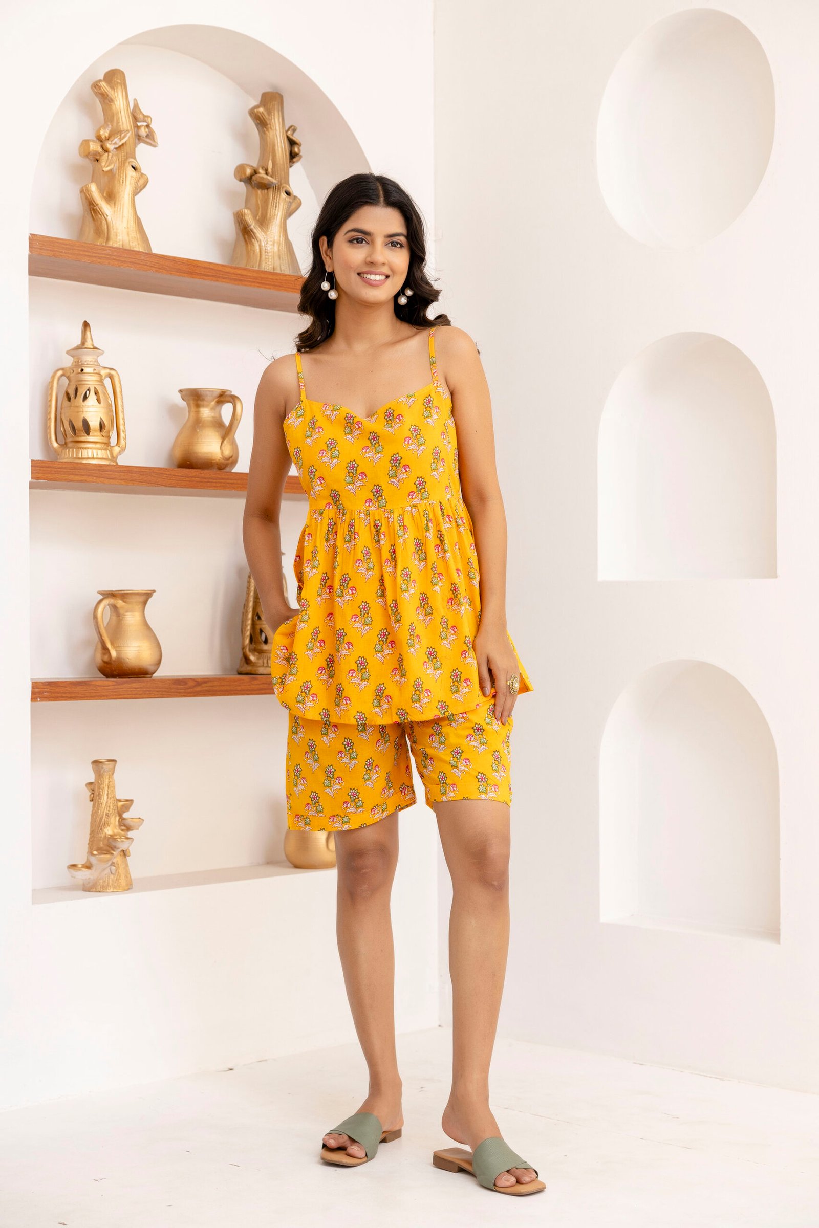 sunshine yellow floral print cami top & shorts co ord set sunshine yellow floral print cami top & shorts co ord set
