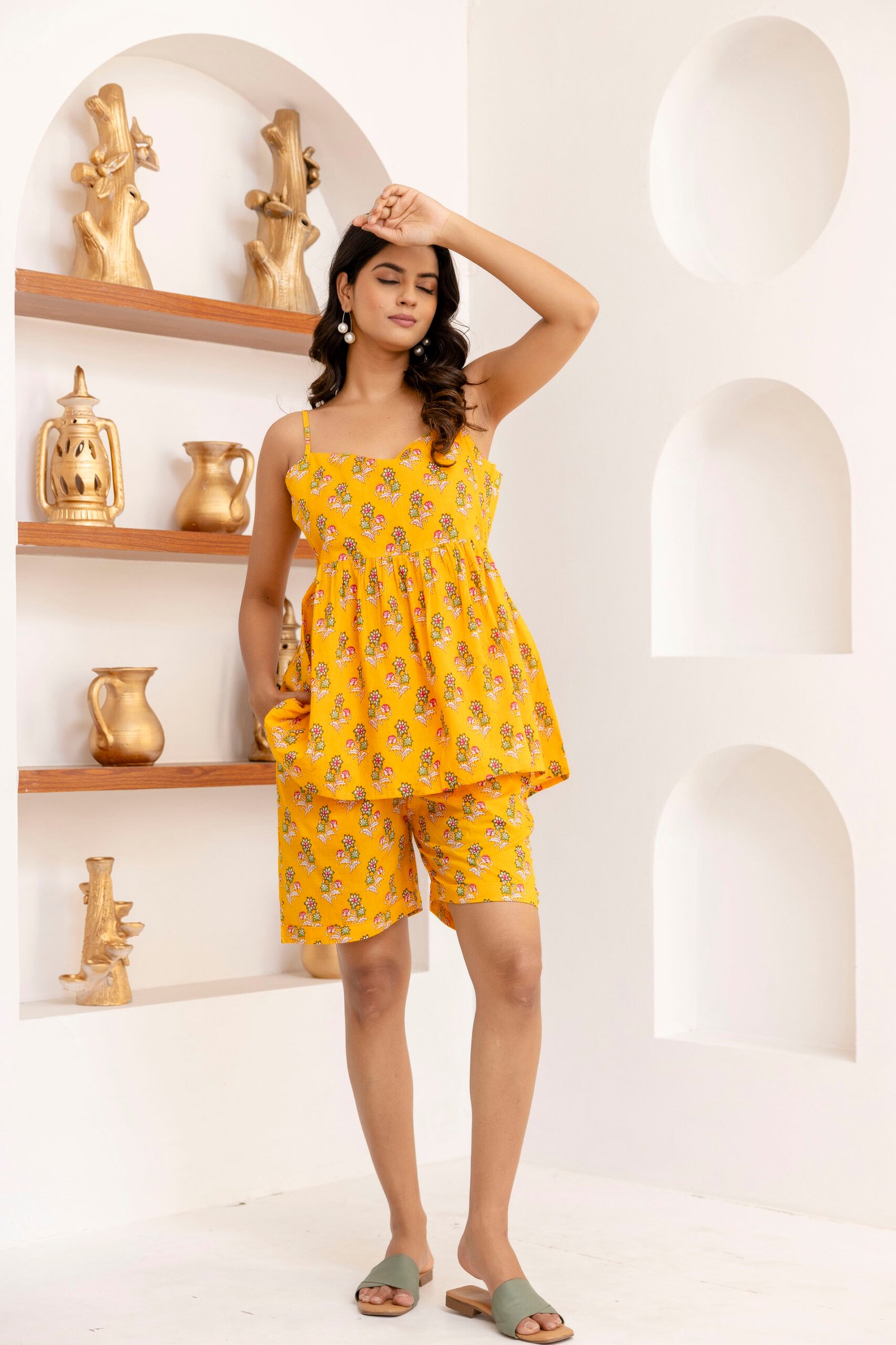 sunshine yellow floral print cami top & shorts co ord set sunshine yellow floral print cami top & shorts co ord set