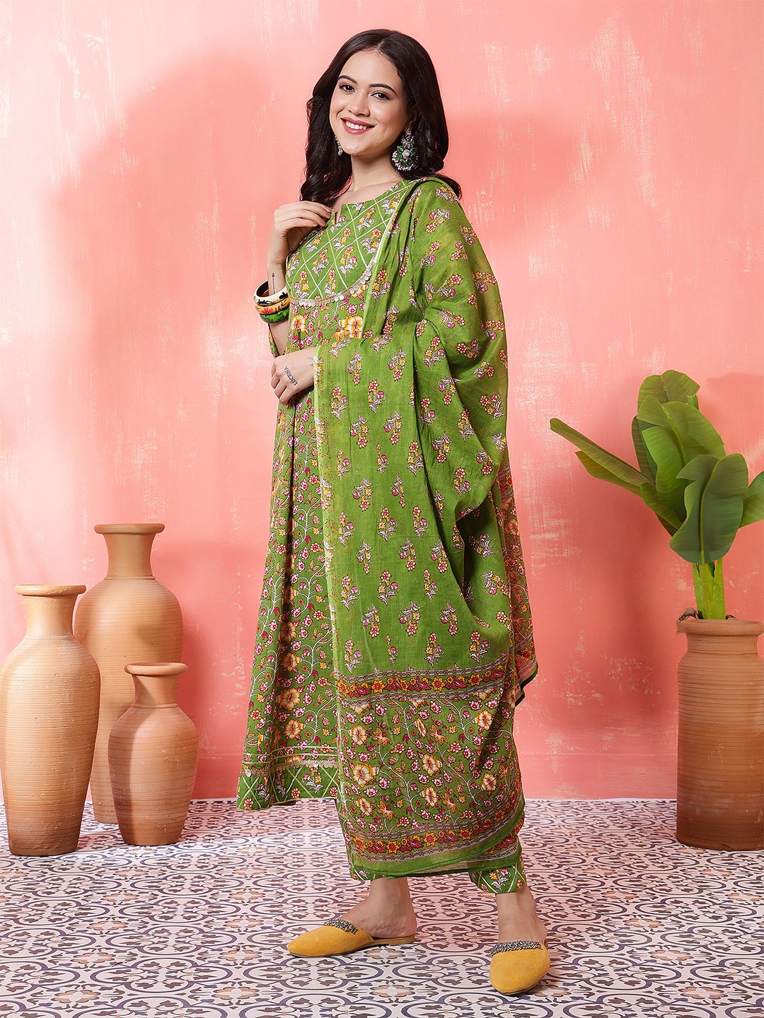 green embrodary kurta plazzo with dupatta sets