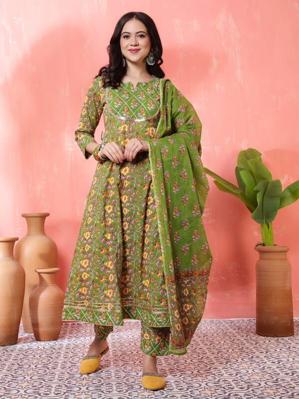 chic-olive-green-floral-print-cotton-anarkali-suit-set