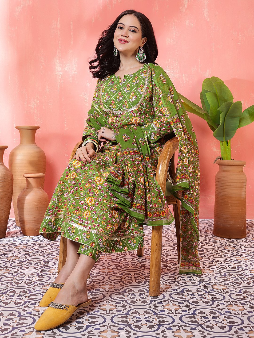green embrodary kurta plazzo with dupatta sets