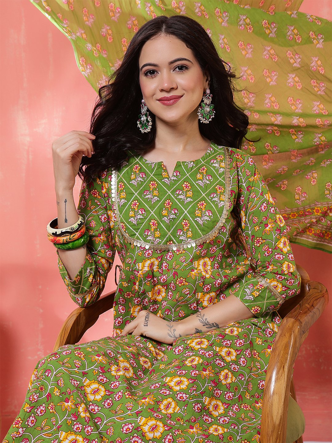 green embrodary kurta plazzo with dupatta sets