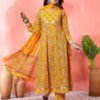 woman in yellow printed anarkali kurta set with dupatta