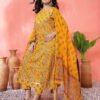 woman in yellow printed anarkali kurta set with dupatta