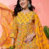 woman in yellow printed anarkali kurta set with dupatta