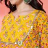 woman in yellow printed anarkali kurta set with dupatta