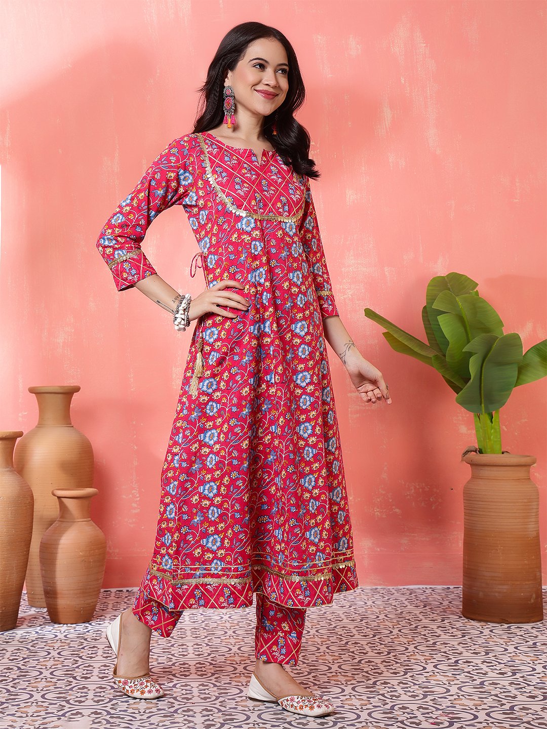 red floral printed cotton kurta set with pants – elegant ethnic wear for women