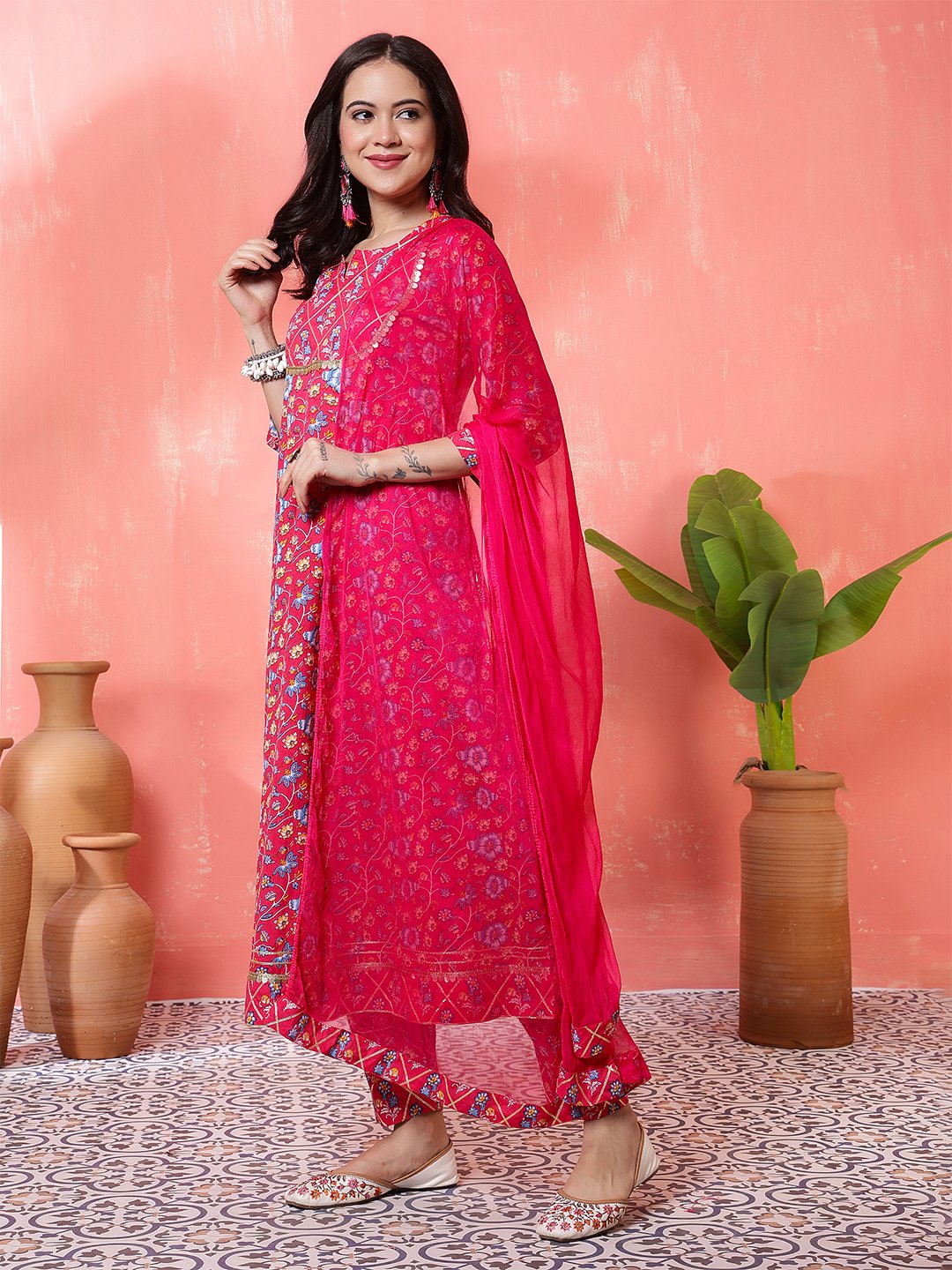 red floral printed cotton kurta set with pants – elegant ethnic wear for women