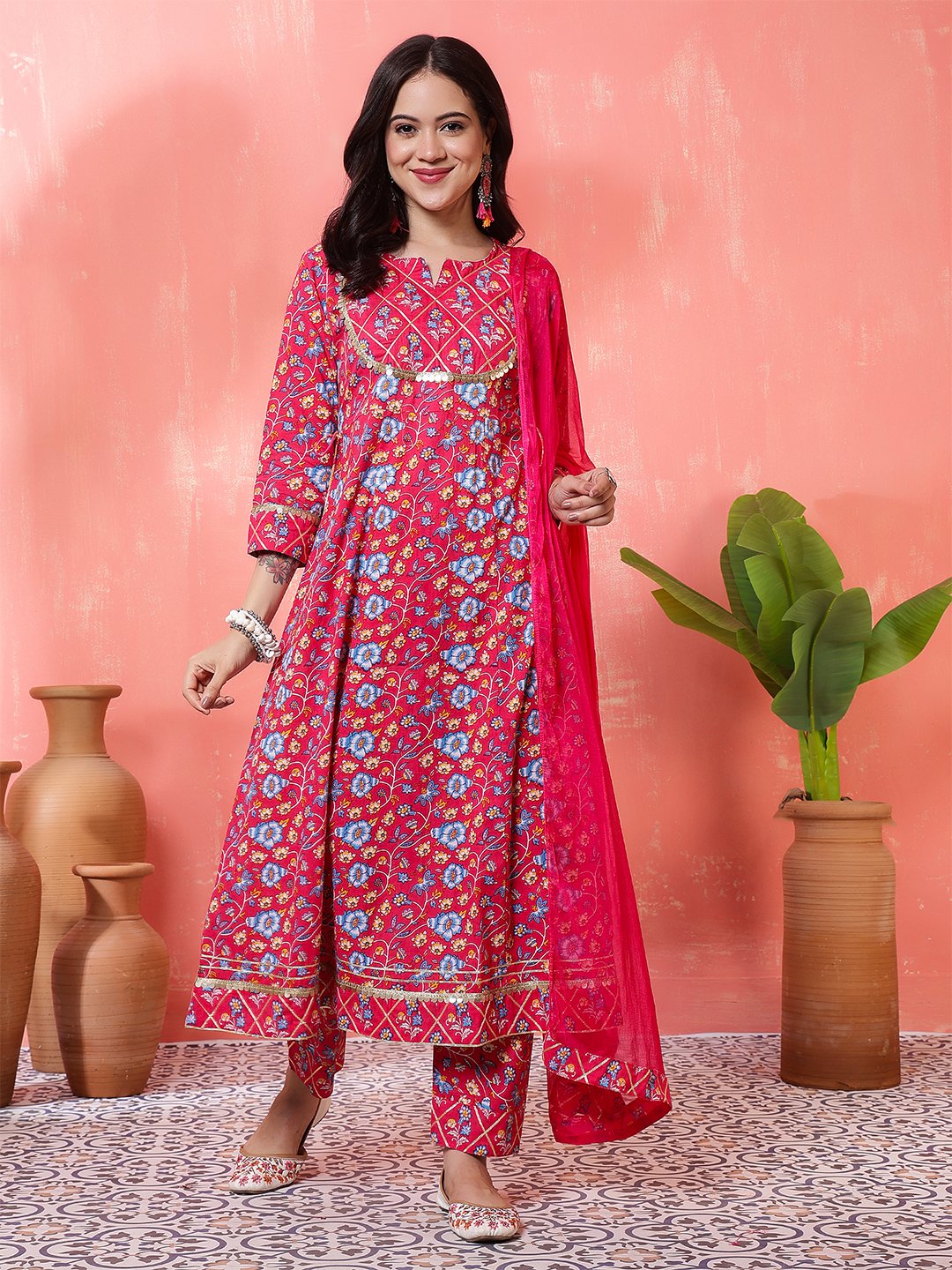 red floral printed cotton kurta set with pants – elegant ethnic wear for women