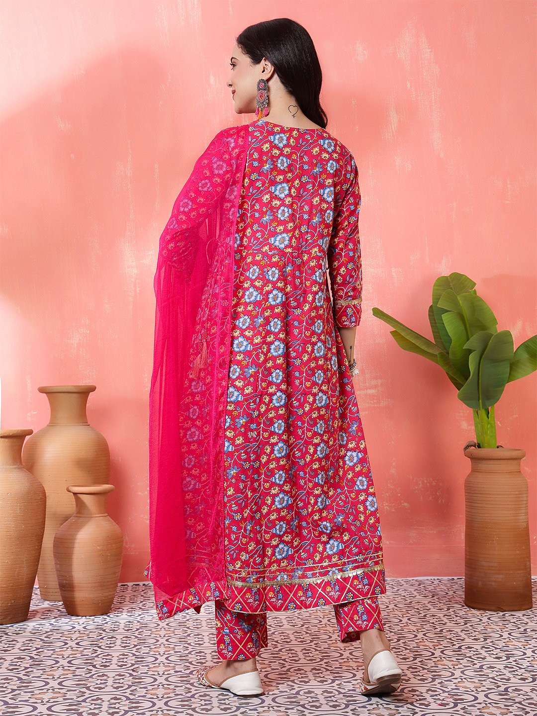 red floral printed cotton kurta set with pants – elegant ethnic wear for women