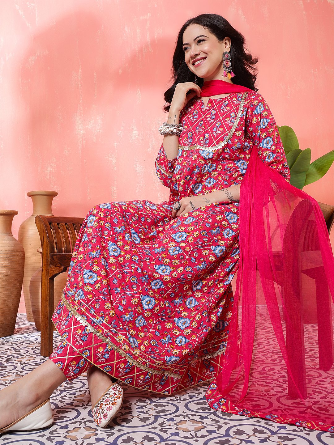 red floral printed cotton kurta set with pants – elegant ethnic wear for women