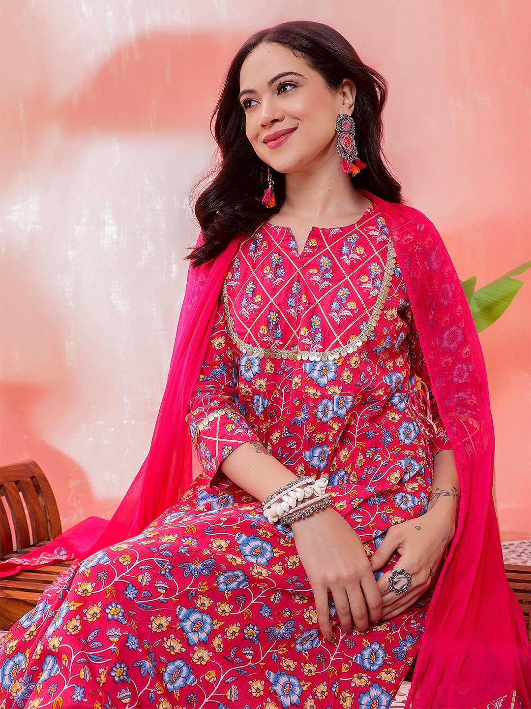 red floral printed cotton kurta set with pants – elegant ethnic wear for women