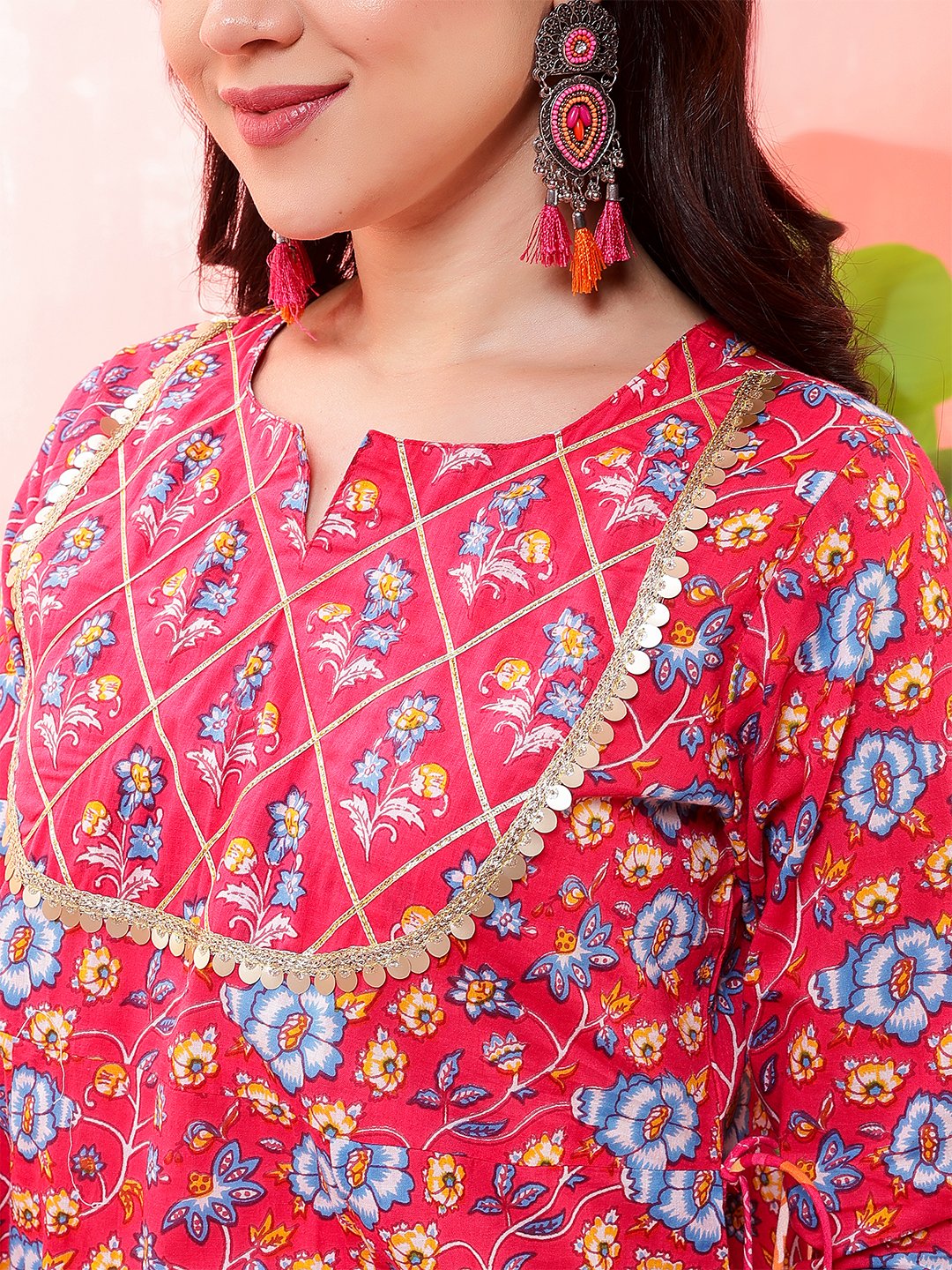 red floral printed cotton kurta set with pants – elegant ethnic wear for women