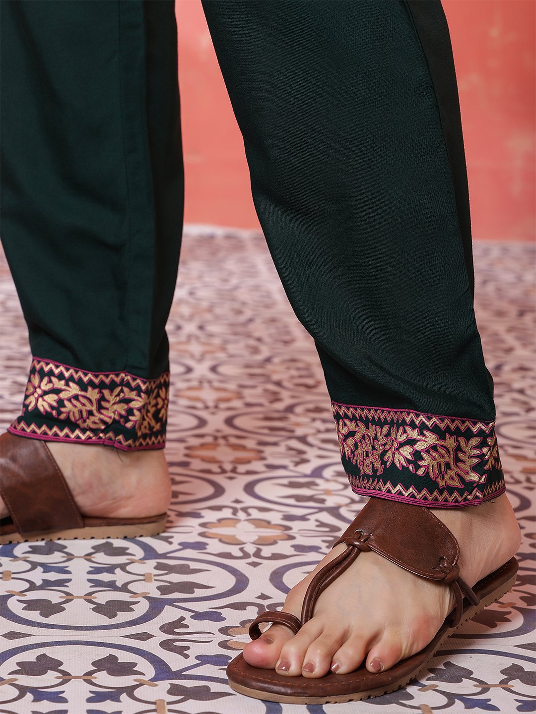 dark green floral printed anarkali kurta set with embroidered neckline & dupatta