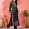 dark green floral printed anarkali kurta set with embroidered neckline & dupatta