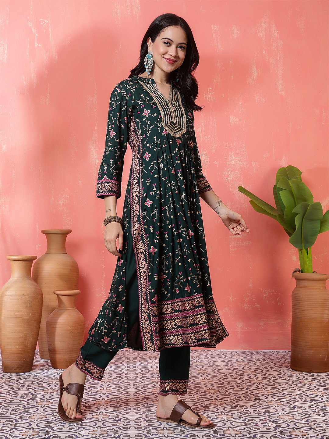 dark green floral printed anarkali kurta set with embroidered neckline & dupatta