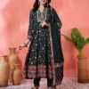 dark green floral printed anarkali kurta set with embroidered neckline & dupatta