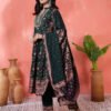 dark green floral printed anarkali kurta set with embroidered neckline & dupatta