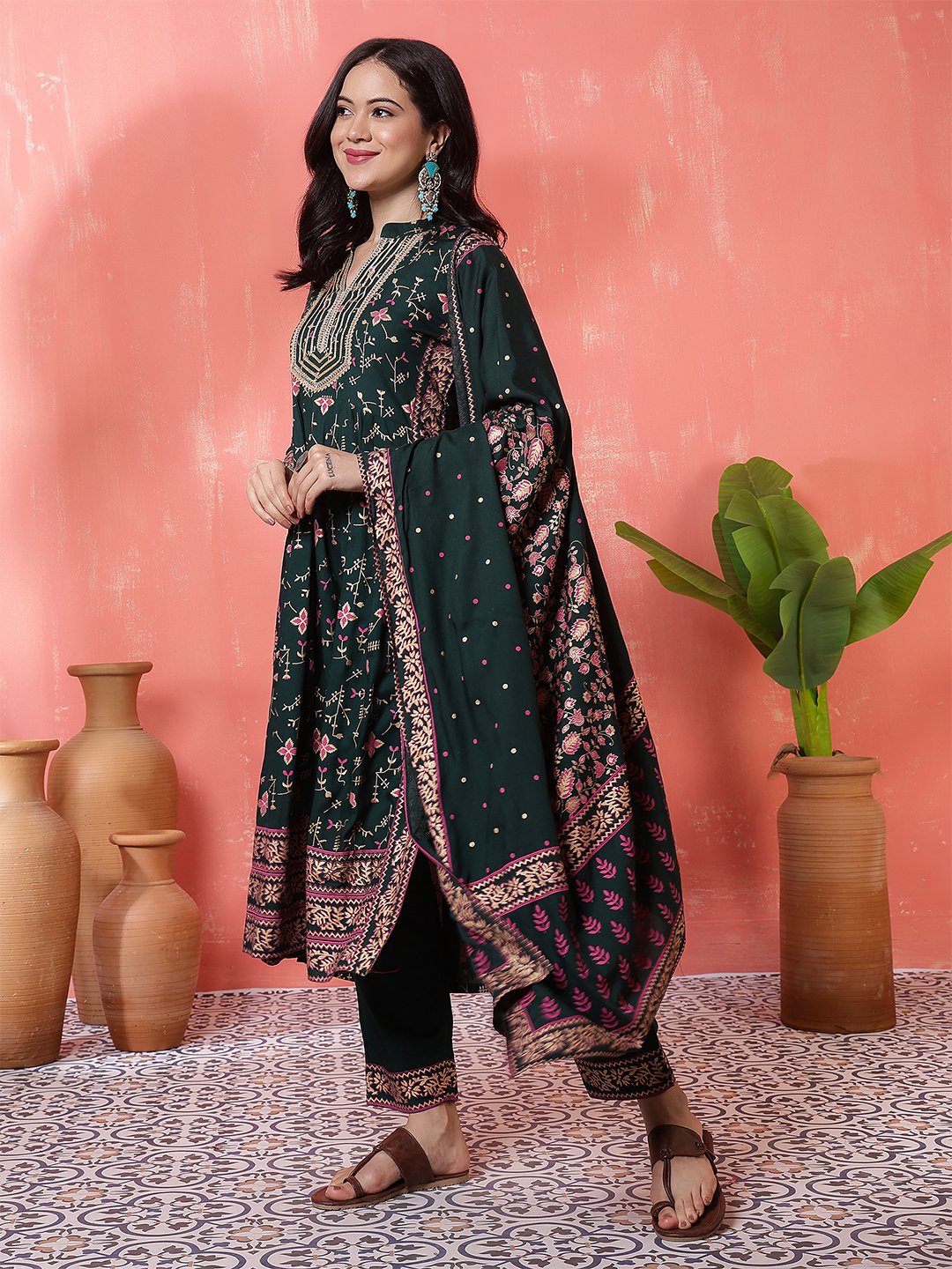 dark green floral printed anarkali kurta set with embroidered neckline & dupatta