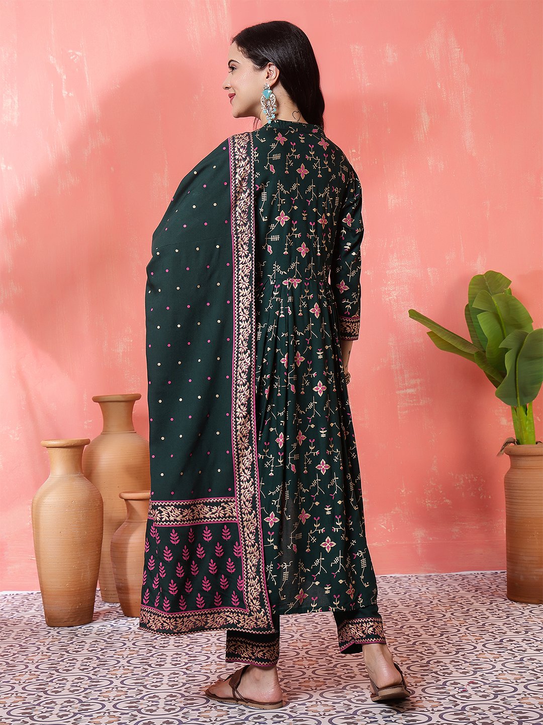 dark green floral printed anarkali kurta set with embroidered neckline & dupatta